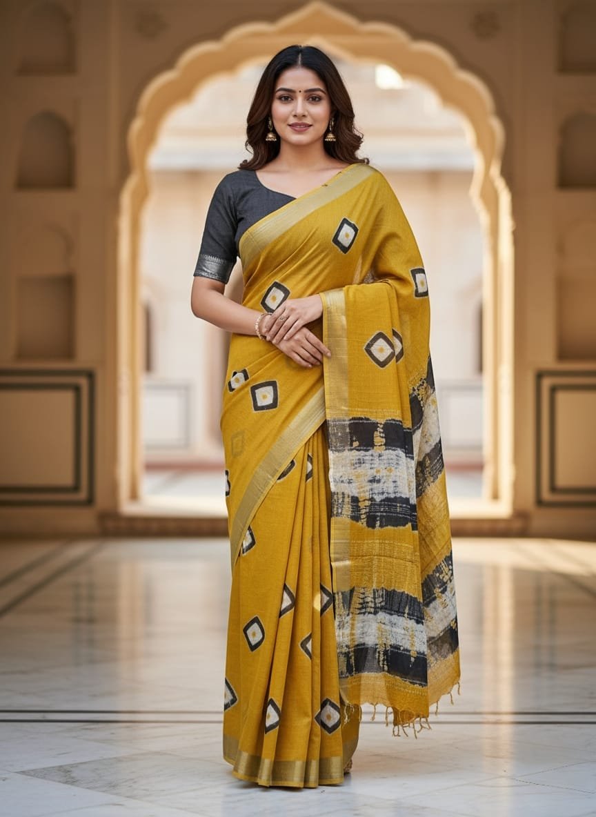Hand Block Printed Linen Saree with Blouse
